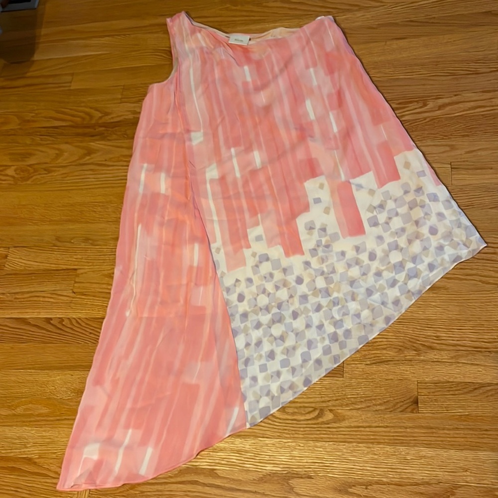 One shoulder flowey dress in light pink and purple and white, lined